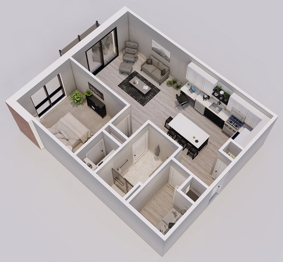 Floor plan for 1 bed, 1 bath, 732 sqft